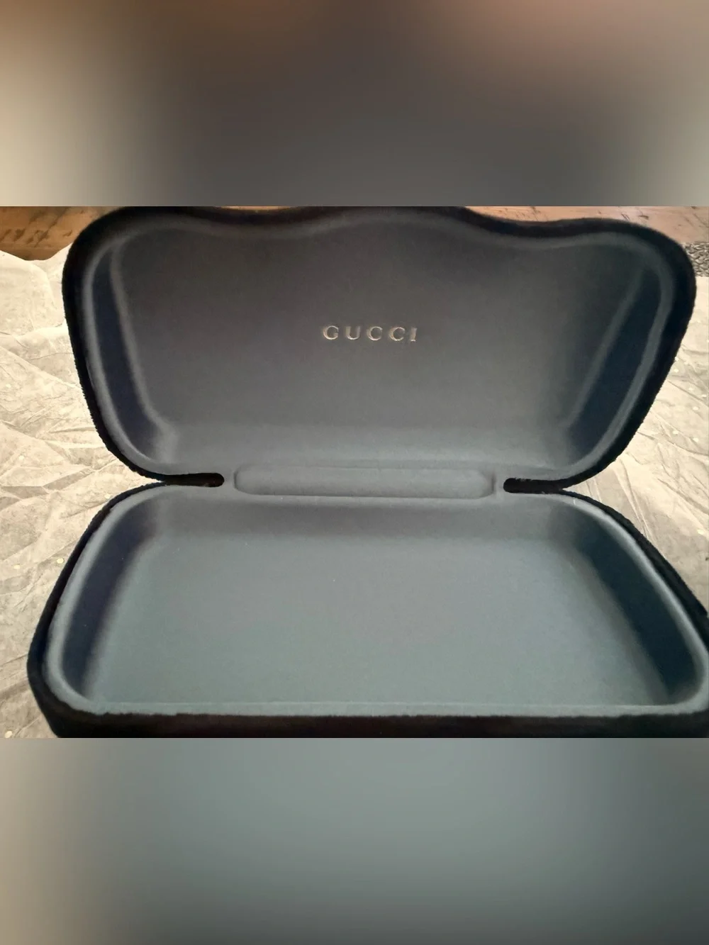 Gucci Black Exterior Sunglasses Case with Blue Interior and White Soft Pouch